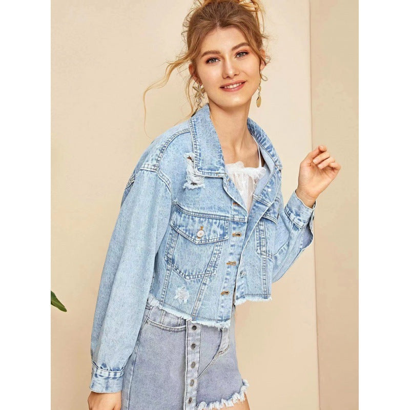 Giacca da jeans corta da donna in stile vintage con frange casual e dettagli robusti