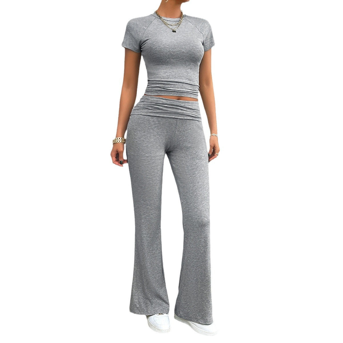 Damen Freizeit-Loungewear-Set mit cropped Oberteil und weiter Hose Drune