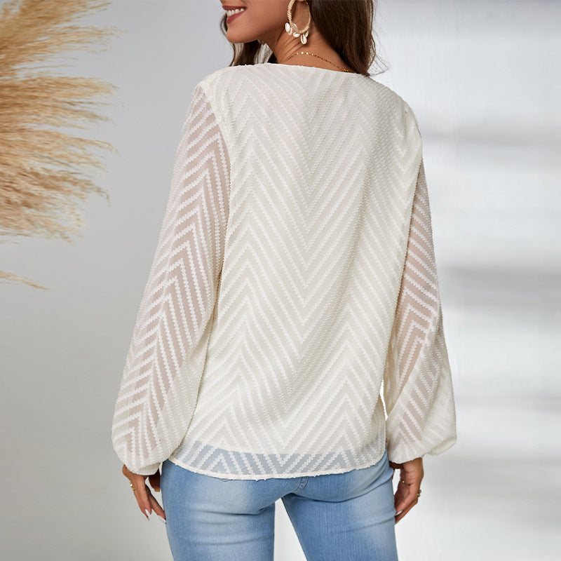 Damen Bluse mit eleganten V-Ausschnitt und transparenten Ärmelapplikationen Drune