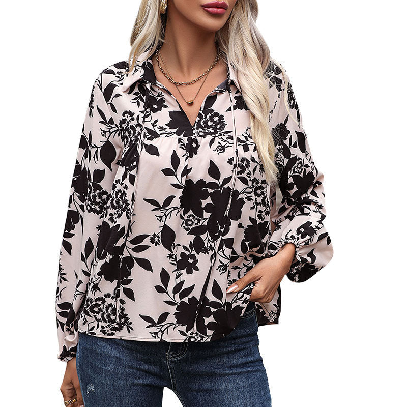 Damen Bluse mit floralem Design und dekorativem Schnürdetail Drune