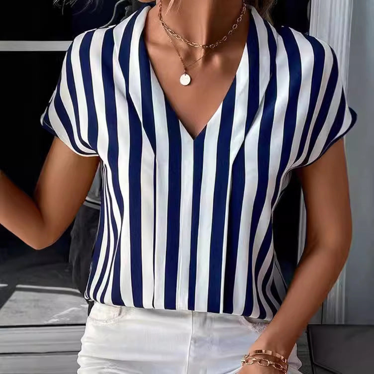 Damen Bluse im elegant gestreiften Design mit modernem V-Ausschnitt und kurzen Ärmeln Drune