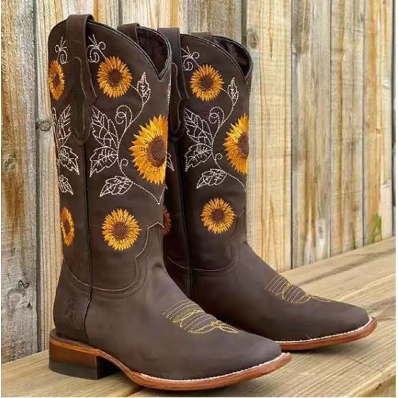 Damen Cowboystiefel mit floralem Stickdesign und robustem Blockabsatz Drune