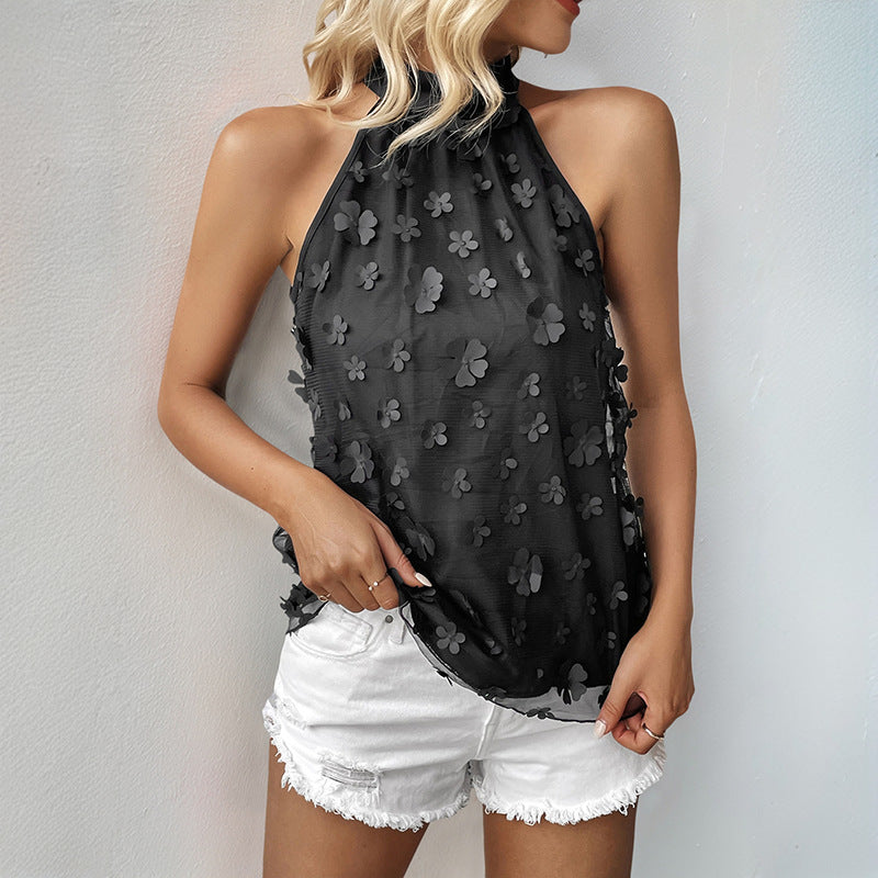 Damen blumenverzierte Chiffon Bluse mit hochgeschlossenem Kragen Drune