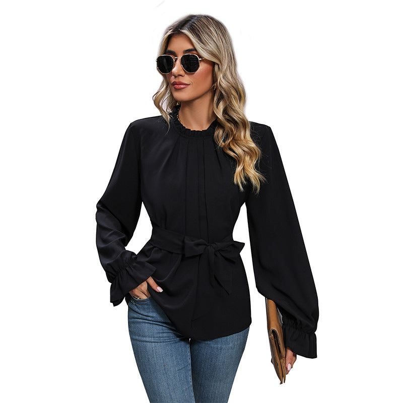 Damen Bluse mit dekorativem Wickelgürtel und voluminösen Ärmeln Drune