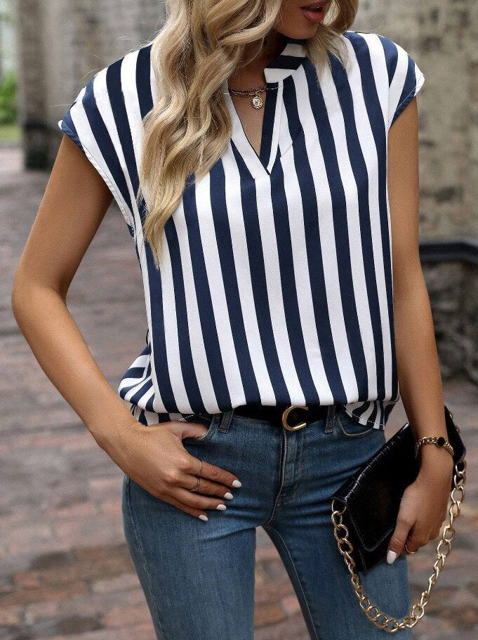 Damen Bluse im elegant gestreiften Design mit modernem V-Ausschnitt und kurzen Ärmeln Drune