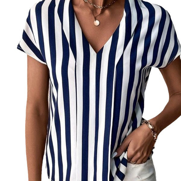 Damen Bluse im elegant gestreiften Design mit modernem V-Ausschnitt und kurzen Ärmeln Drune