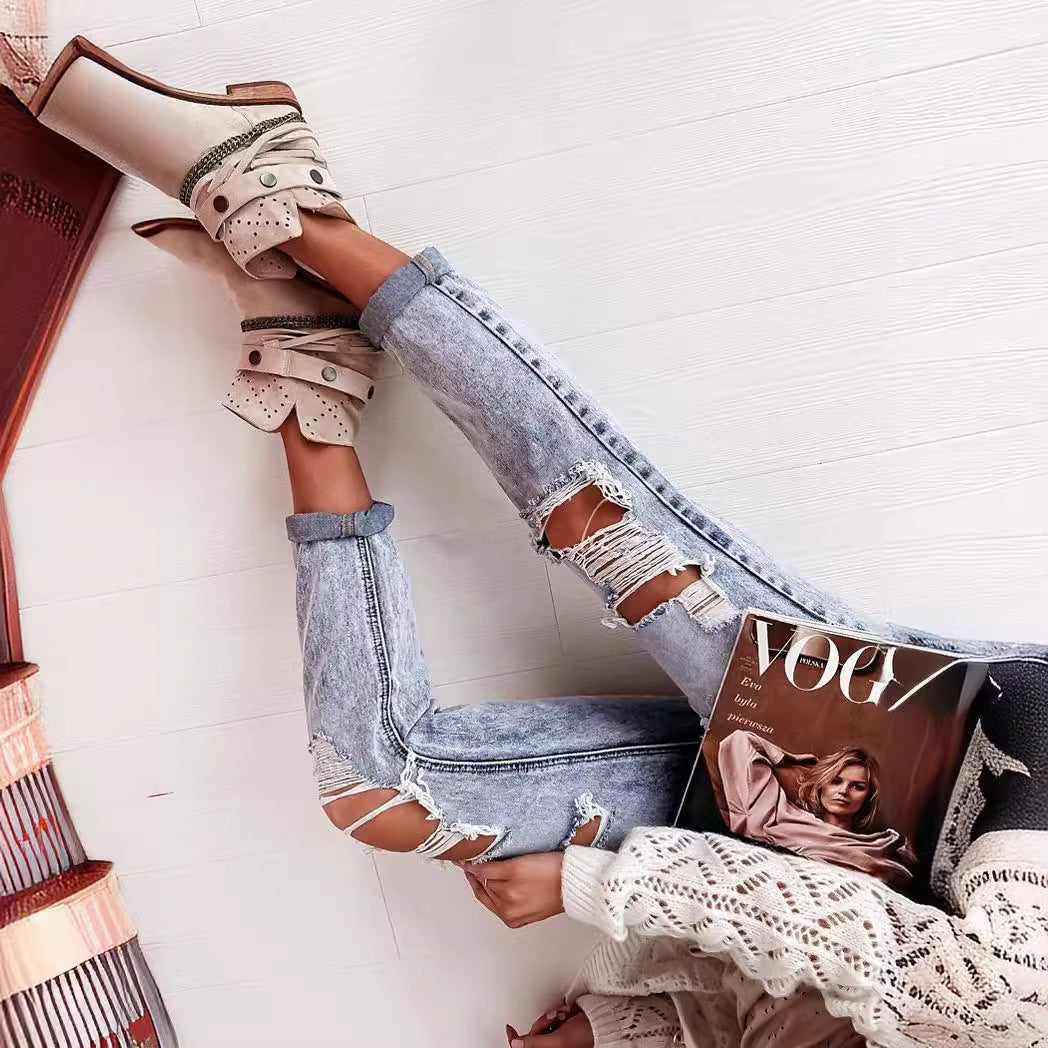 Jeans da donna “boyfriend” strappati in stile vintage casual con vita alta