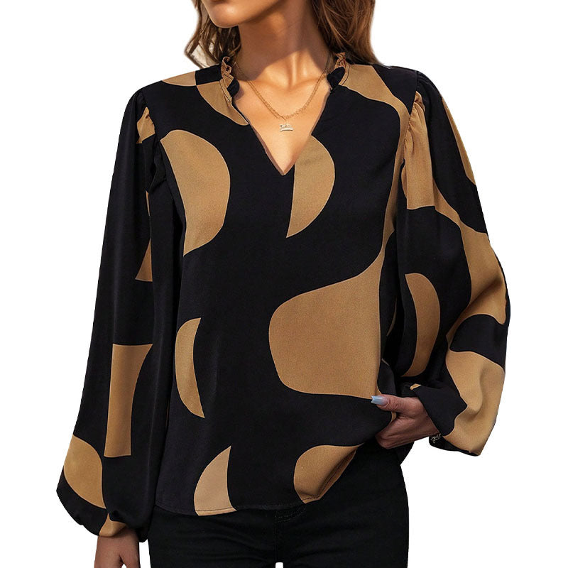 Damen Bluse mit modischem V-Ausschnitt und einzigartigem Muster Drune