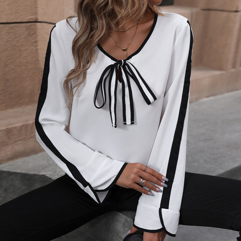 Damen Bluse mit dekorativem Schleifenkragen und kontrastierenden Ärmelabschlüssen Drune