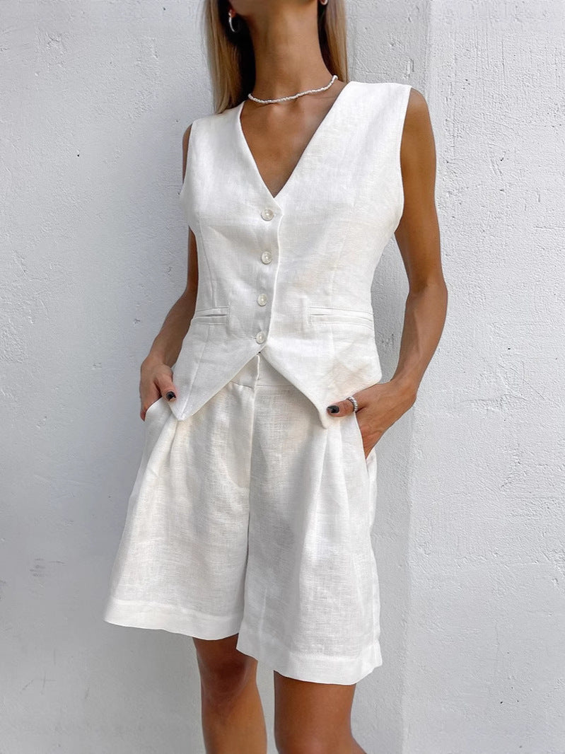 Damen luftiges Leinen-Set mit ärmellosem Blazer und Shorts Drune