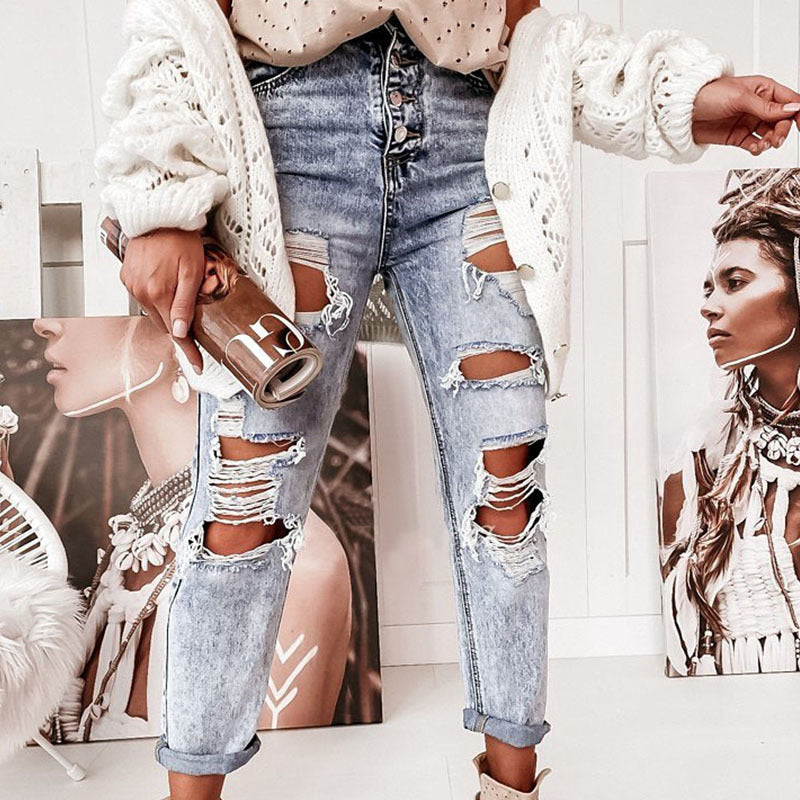 Jeans da donna “boyfriend” strappati in stile vintage casual con vita alta
