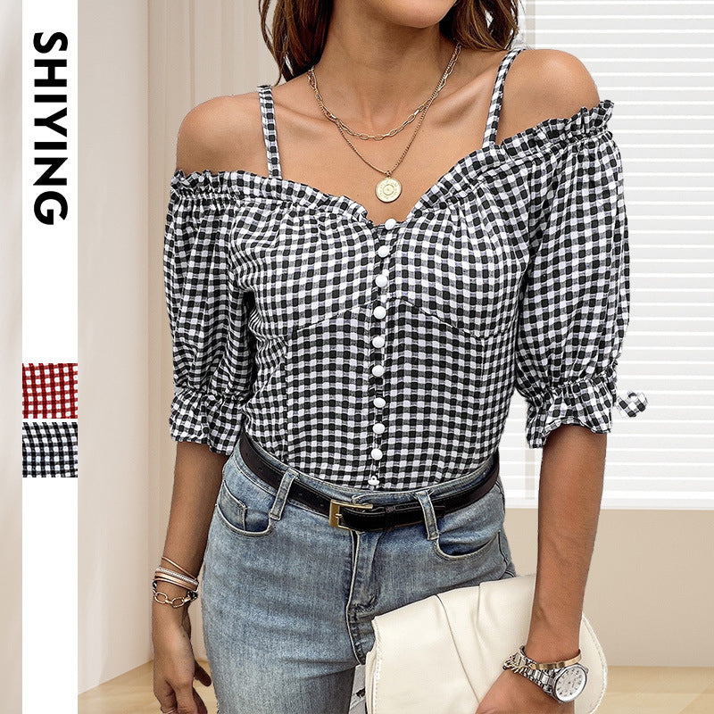 Damen Off-Shoulder Bluse mit Rüschendetails und Karomuster Drune
