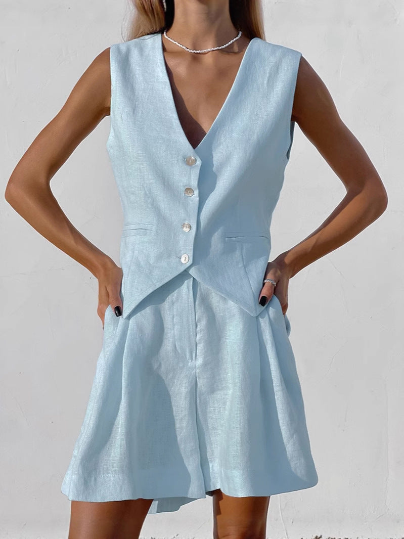 Damen luftiges Leinen-Set mit ärmellosem Blazer und Shorts Drune
