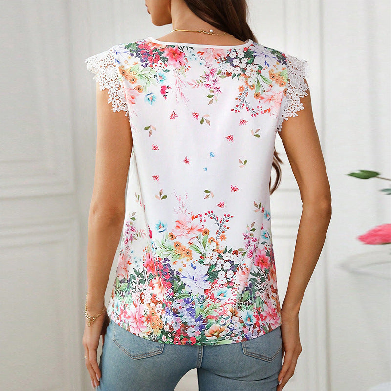 Damen Bluse mit floralem Design und elegantem Spitzenärmel Drune