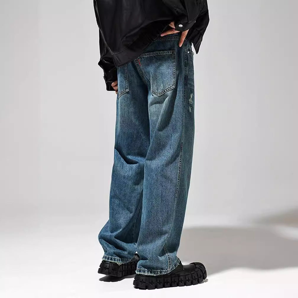 Jeans baggy da uomo in stile vintage con effetti consumati e vita alta