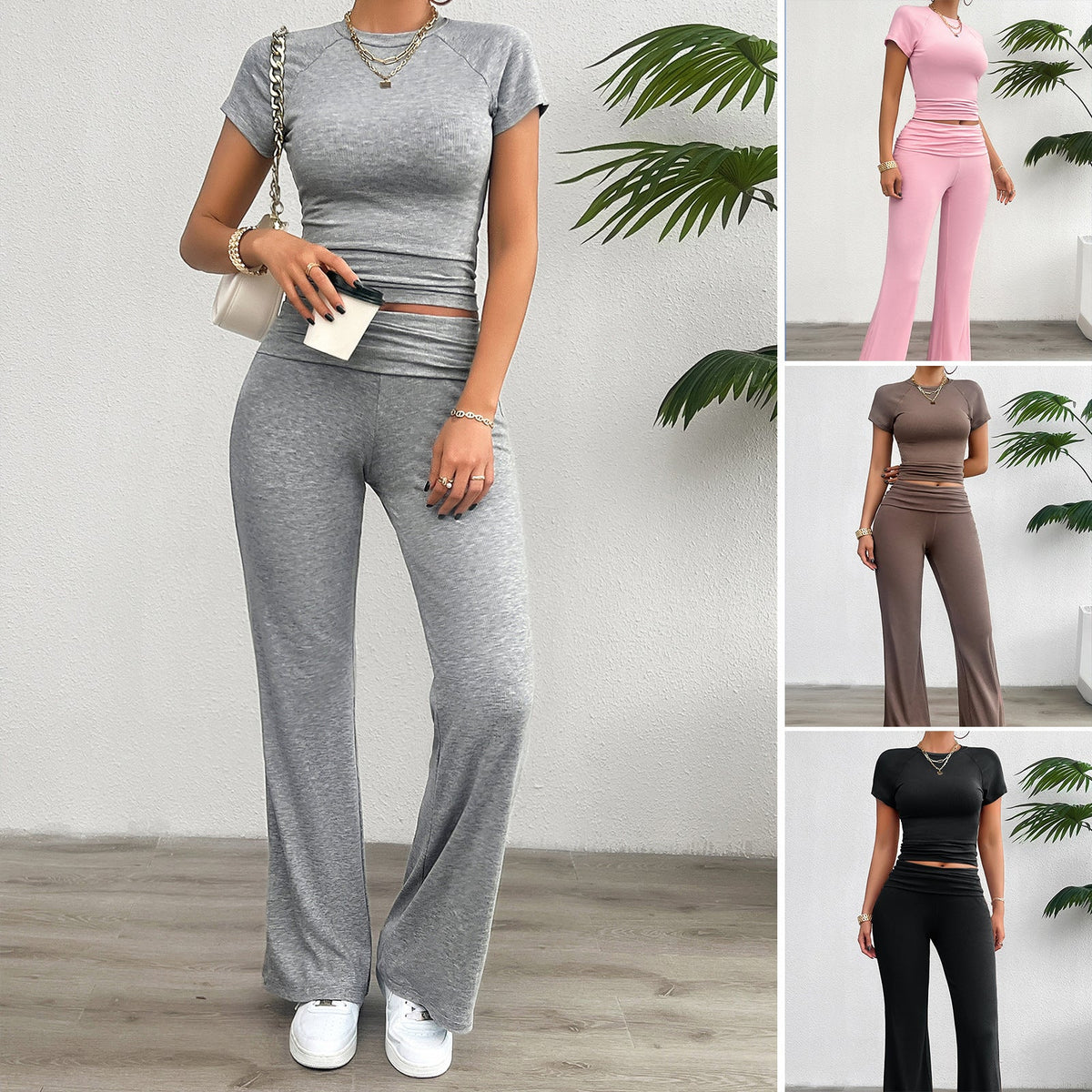 Damen Freizeit-Loungewear-Set mit cropped Oberteil und weiter Hose Drune