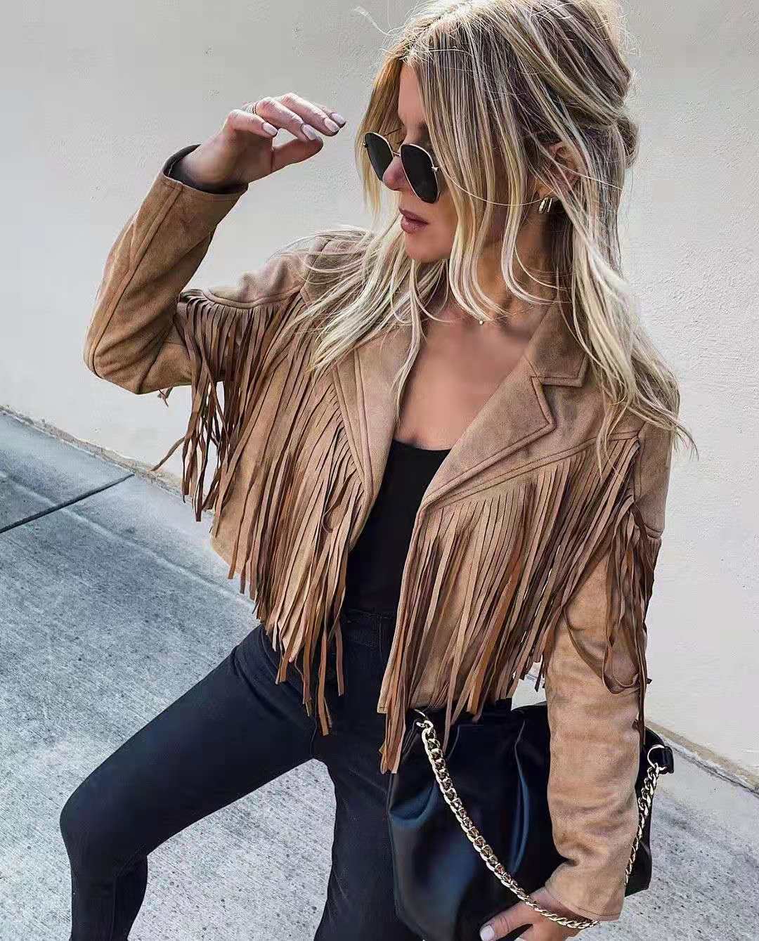 Drune Jugendlicher Wildleder-Jackentrend - Fransen-Cardigan mit Troddelsaum, E-Girl Bikerjacke, 90er Vintage Streetwear, Cooles Design