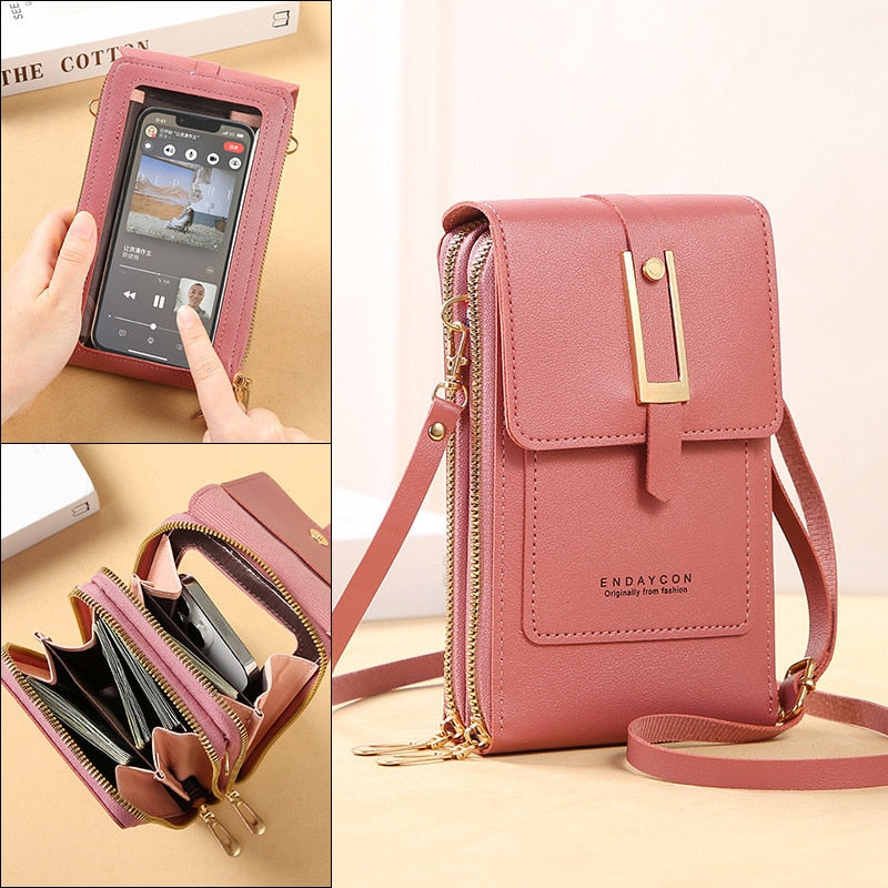 Drune Leder Smartphone Clutch | Damen Handtasche mit Touchscreen-Fenster