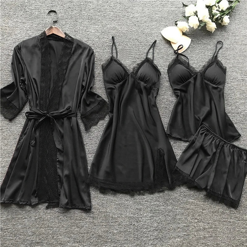 Drune | Schlafanzug Set Luxus Sommer Satin Schlafanzug Set Mit Spitze Für Damen
