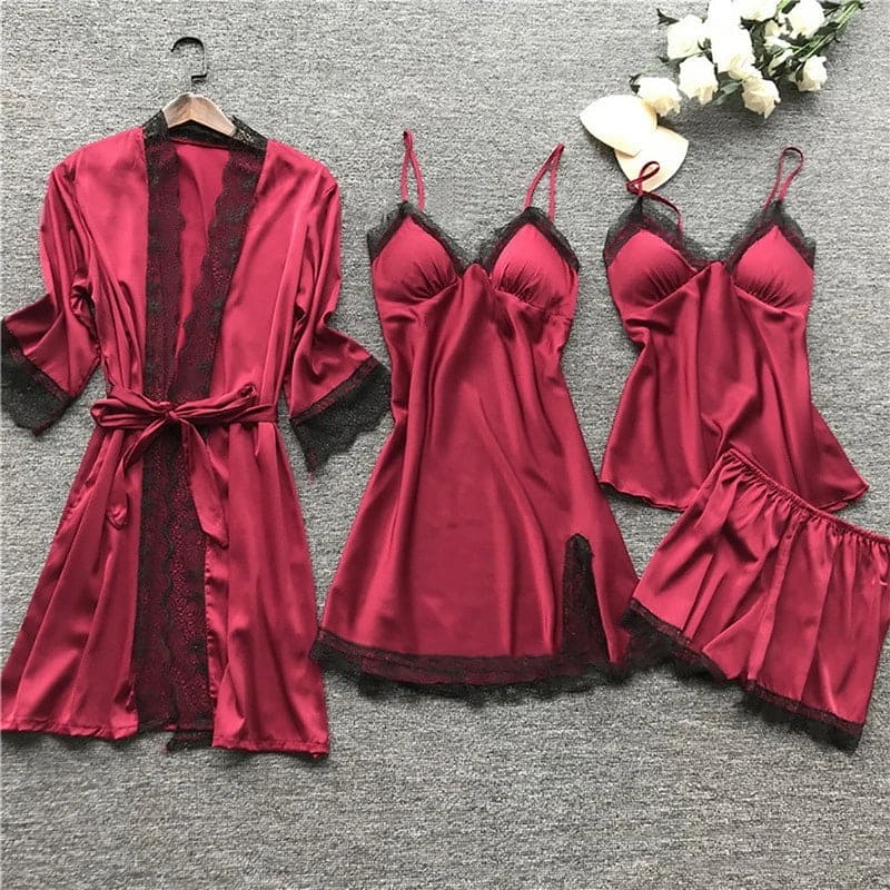 Drune | Schlafanzug Set Luxus Sommer Satin Schlafanzug Set Mit Spitze Für Damen