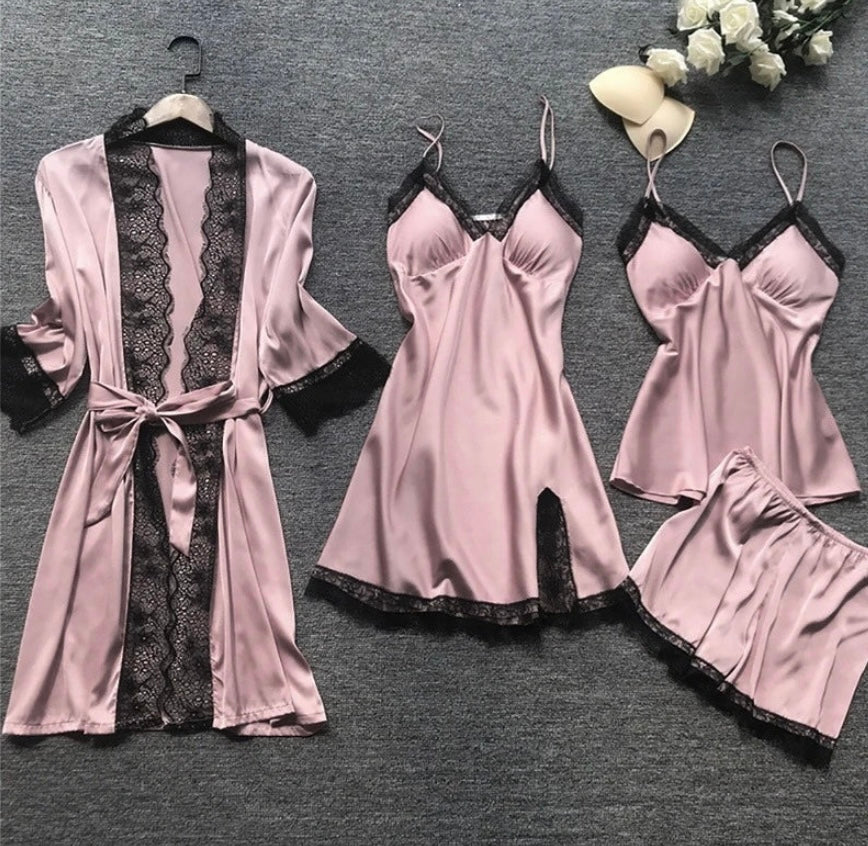 Drune | Schlafanzug Set Luxus Sommer Satin Schlafanzug Set Mit Spitze Für Damen
