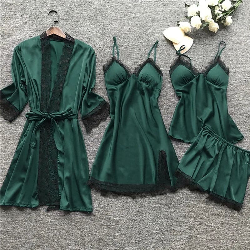 Drune | Schlafanzug Set Luxus Sommer Satin Schlafanzug Set Mit Spitze Für Damen
