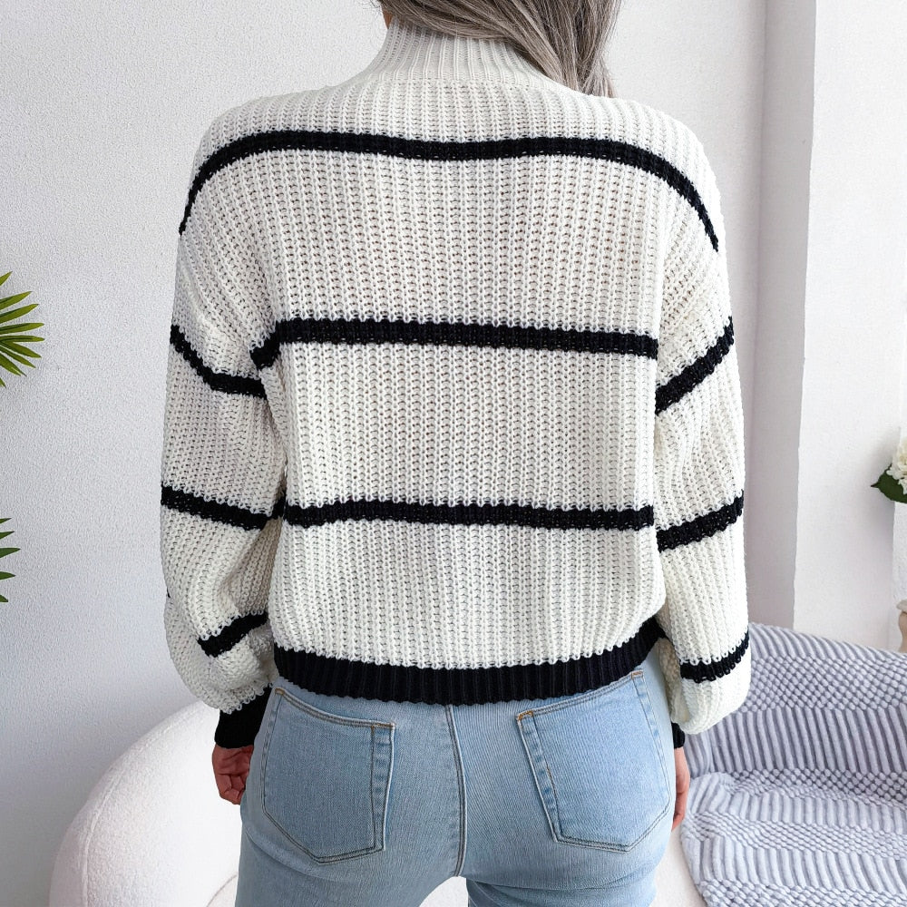 Drune Lässig Gestreift Laterne Ärmel Pullover