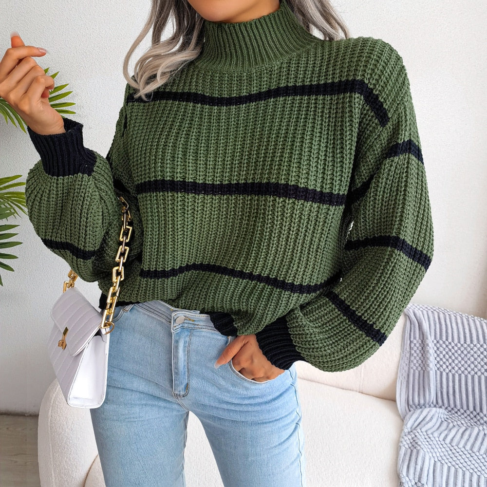 Drune Lässig Gestreift Laterne Ärmel Pullover