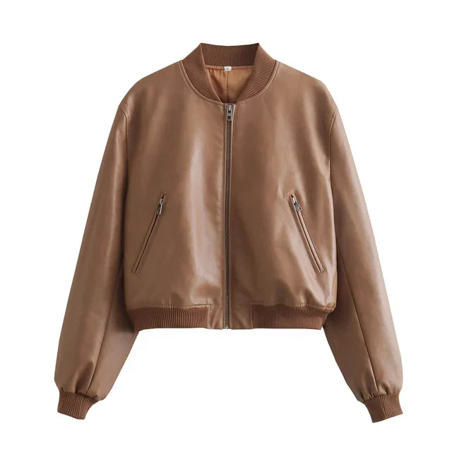 Drune - Vintage PU-Leder Bomberjacke für Damen mit Stehkragen und Frontreißverschluss