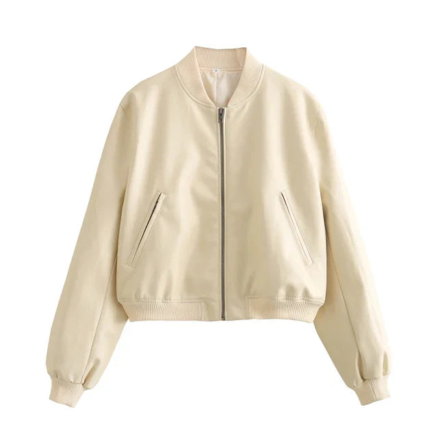Drune - Vintage PU-Leder Bomberjacke für Damen mit Stehkragen und Frontreißverschluss