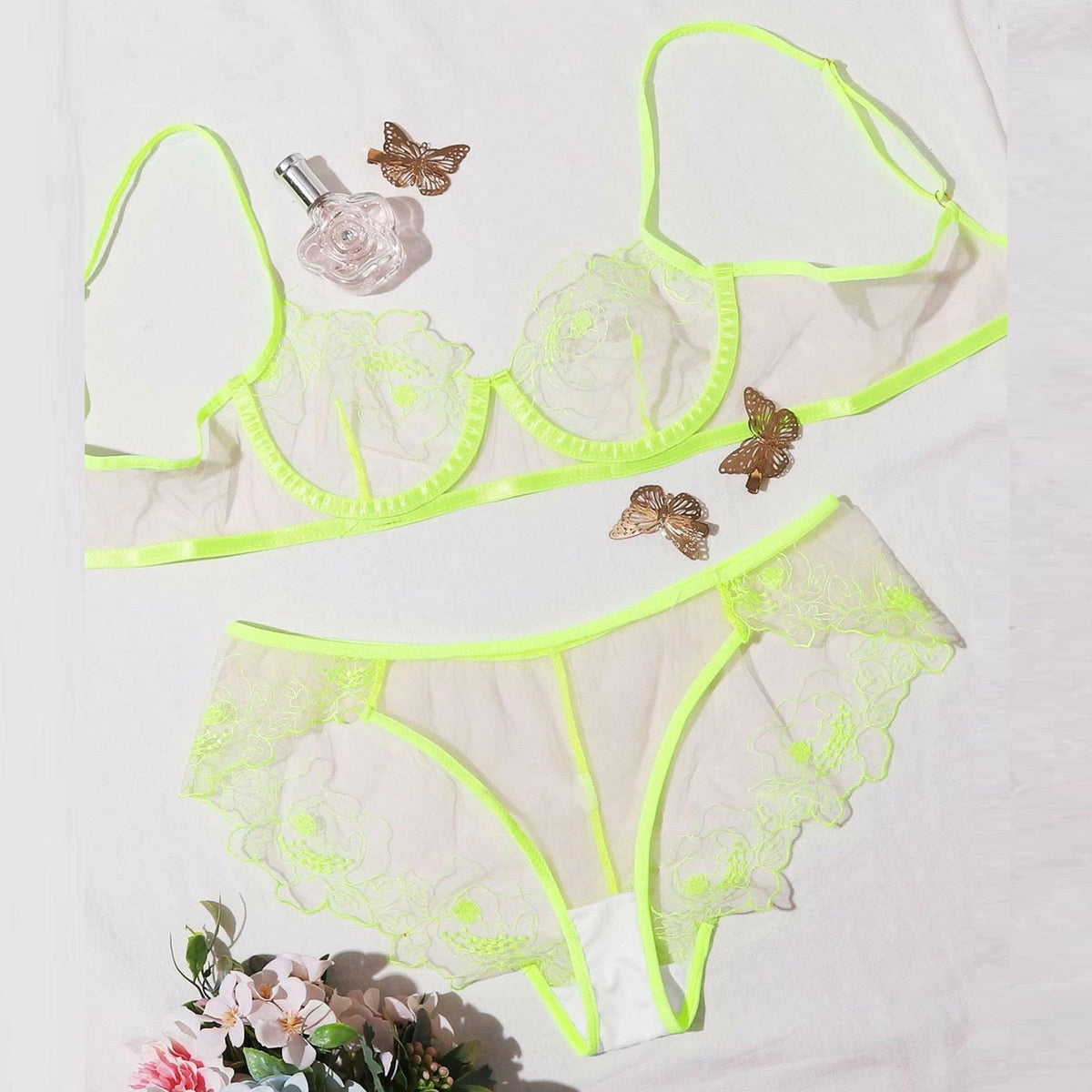Drune | Women's Mesh Stickerei Sheer Dessous Set
