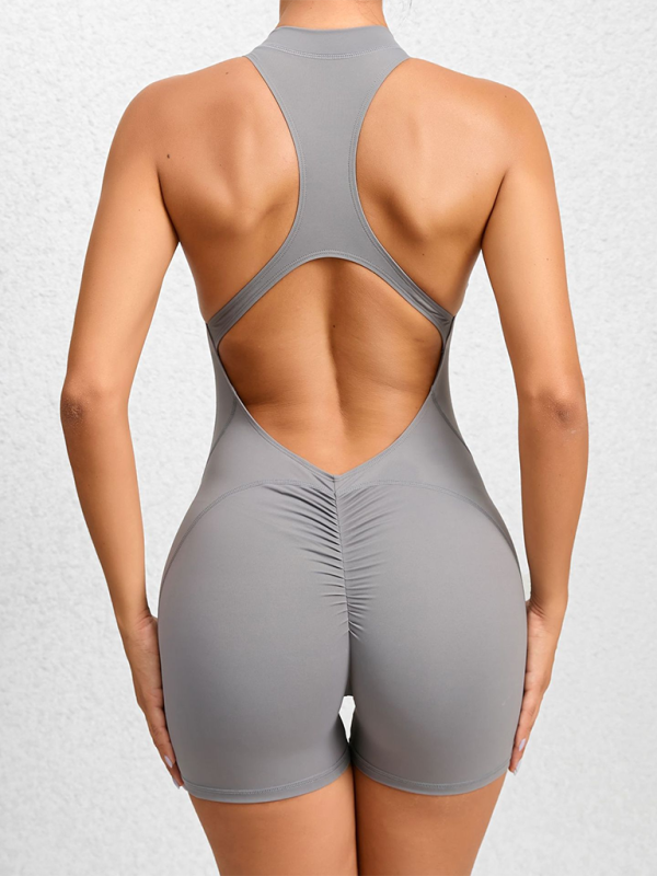 Drune | Enganliegende Reißverschluss-Sport-Yoga-Hosen Pfirsich Hüften Einteiler schnelltrocknend plissierter Fitness-Jumpsuit