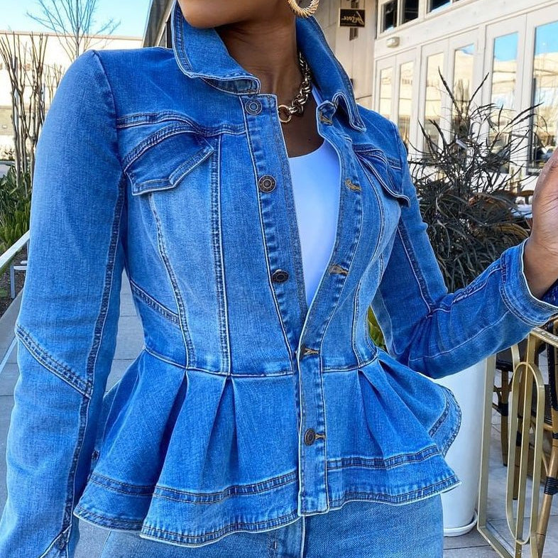 Lore Voss| Giacche da donna con bottoni, volant e maniche lunghe in denim